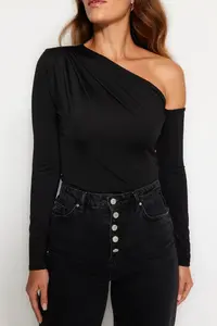 TRENDYOLMİLLA Black Asymmetric Yaka Long Sleeve Flexible Bottom snaps Knitting Bodysuit .D.0080 - Image 6