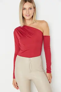 TRENDYOLMİLLA Burgundy Asymmetric Yaka Long Sleeve Flexible Bottom snaps Knitting Bodysuit .D.0080 - Image 2