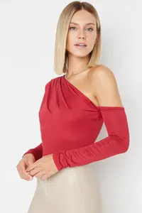 TRENDYOLMİLLA Burgundy Asymmetric Yaka Long Sleeve Flexible Bottom snaps Knitting Bodysuit .D.0080 - Image 3