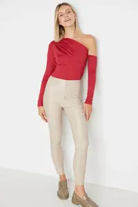 TRENDYOLMİLLA Burgundy Asymmetric Yaka Long Sleeve Flexible Bottom snaps Knitting Bodysuit .D.0080 - Image 4
