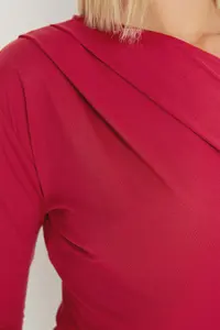 TRENDYOLMİLLA Burgundy Asymmetric Yaka Long Sleeve Flexible Bottom snaps Knitting Bodysuit .D.0080 - Image 5