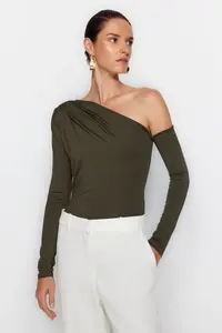 TRENDYOLMİLLA Khaki Asymmetric Yaka Long Sleeve Flexible snaps Knitting Bodysuit .D.0080 - Image 3