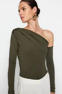 TRENDYOLMİLLA Khaki Asymmetric Yaka Long Sleeve Flexible snaps Knitting Bodysuit .D.0080 - Image 4