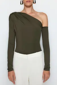 TRENDYOLMİLLA Khaki Asymmetric Yaka Long Sleeve Flexible snaps Knitting Bodysuit .D.0080 - Image 5