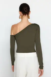 TRENDYOLMİLLA Khaki Asymmetric Yaka Long Sleeve Flexible snaps Knitting Bodysuit .D.0080 - Image 7