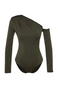 TRENDYOLMİLLA Khaki Asymmetric Yaka Long Sleeve Flexible snaps Knitting Bodysuit .D.0080 - Image 8