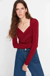 TRENDYOLMİLLA Burgundy padded Drape Detailed Fitted Flexible snaps Knitting Bodysuit .D.0156 - Image 3