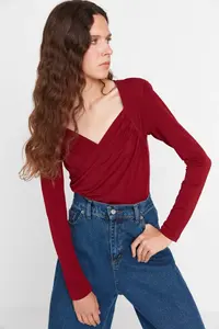 TRENDYOLMİLLA Burgundy padded Drape Detailed Fitted Flexible snaps Knitting Bodysuit .D.0156 - Image 4