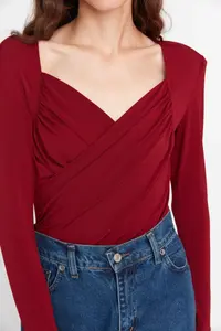 TRENDYOLMİLLA Burgundy padded Drape Detailed Fitted Flexible snaps Knitting Bodysuit .D.0156 - Image 5