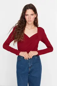 TRENDYOLMİLLA Burgundy padded Drape Detailed Fitted Flexible snaps Knitting Bodysuit .D.0156 - Image 6