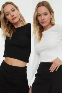 TRENDYOLMİLLA Black-White 2 Sets Package Fitted Crew Neck Crop Ribbed Flexible Knitting Blouse - Image 14