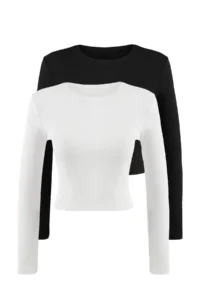 TRENDYOLMİLLA Black-White 2 Sets Package Fitted Crew Neck Crop Ribbed Flexible Knitting Blouse - Image 20