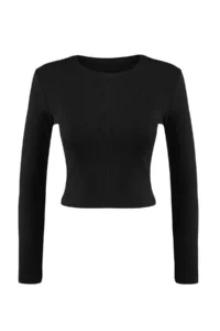 TRENDYOLMİLLA Black-White 2 Sets Package Fitted Crew Neck Crop Ribbed Flexible Knitting Blouse - Image 21