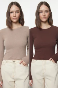 TRENDYOLMİLLA Brown-Beige 2 Sets Package Fitted Crew Neck Ribbed Crop Flexible Knitting Blouse - Image 2