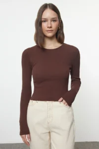 TRENDYOLMİLLA Brown-Beige 2 Sets Package Fitted Crew Neck Ribbed Crop Flexible Knitting Blouse - Image 6