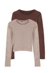 TRENDYOLMİLLA Brown-Beige 2 Sets Package Fitted Crew Neck Ribbed Crop Flexible Knitting Blouse - Image 8