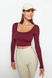 TRENDYOLMİLLA Burgundy seamless/Seamless Crop Extra Flexible Knitting Sports Top/Blouse - Image 4