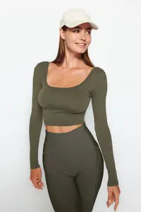 TRENDYOLMİLLA Khaki seamless/Seamless Crop Extra Flexible Knitting Sports Top/Blouse