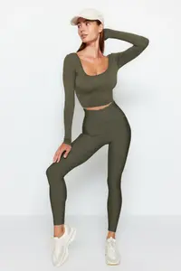 TRENDYOLMİLLA Khaki seamless/Seamless Crop Extra Flexible Knitting Sports Top/Blouse - Image 3