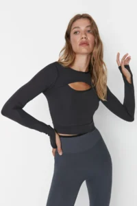TRENDYOLMİLLA Dark Anthracite Crop Window/Cut Out and Thumb Hole Detailed Knitting Sports Top/Blouse