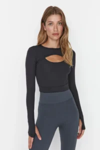 TRENDYOLMİLLA Dark Anthracite Crop Window/Cut Out and Thumb Hole Detailed Knitting Sports Top/Blouse - Image 2