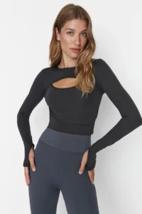 TRENDYOLMİLLA Dark Anthracite Crop Window/Cut Out and Thumb Hole Detailed Knitting Sports Top/Blouse - Image 3
