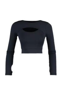 TRENDYOLMİLLA Dark Anthracite Crop Window/Cut Out and Thumb Hole Detailed Knitting Sports Top/Blouse - Image 6