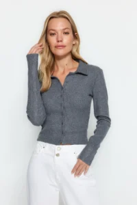 TRENDYOLMİLLA Anthracite Button Detailed Fitted Crop Polo Shirt Collar Ribbed Flexible Knitting Blouse