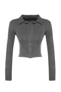 TRENDYOLMİLLA Anthracite Button Detailed Fitted Crop Polo Shirt Collar Ribbed Flexible Knitting Blouse - Image 6