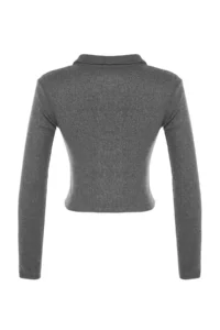 TRENDYOLMİLLA Anthracite Button Detailed Fitted Crop Polo Shirt Collar Ribbed Flexible Knitting Blouse - Image 8