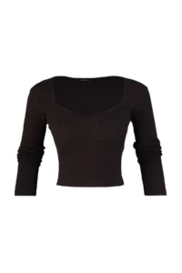 TRENDYOLMİLLA Brown Stitching Detailed Fitted Crop Ribbed Flexible Knitting Blouse - Image 6