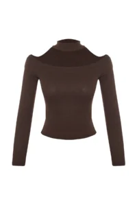 TRENDYOLMİLLA Brown Carmen Collar Choker Detailed Fitted Crop Ribbed Knitting Blouse - Image 6