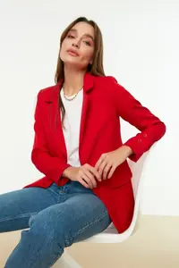 TRENDYOLMİLLA Red Regular Lined buttoned Weaving Blazer Jacket - Image 3