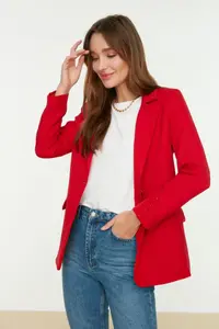 TRENDYOLMİLLA Red Regular Lined buttoned Weaving Blazer Jacket - Image 4