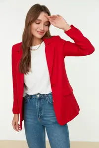 TRENDYOLMİLLA Red Regular Lined buttoned Weaving Blazer Jacket - Image 5