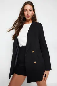 TRENDYOLMİLLA Black Oversized Lined buttoned Weaving Blazer Jacket