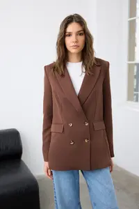 TRENDYOLMİLLA Brown Oversized Lined buttoned Weaving Blazer Jacket - Image 2