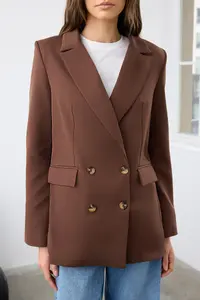 TRENDYOLMİLLA Brown Oversized Lined buttoned Weaving Blazer Jacket - Image 3