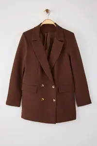 TRENDYOLMİLLA Brown Oversized Lined buttoned Weaving Blazer Jacket - Image 5