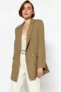 TRENDYOLMİLLA Light Khaki Oversized Lined buttoned Weaving Blazer Jacket - Image 2