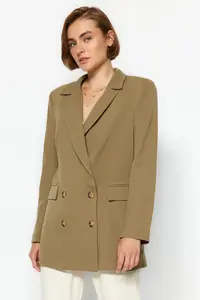TRENDYOLMİLLA Light Khaki Oversized Lined buttoned Weaving Blazer Jacket - Image 3