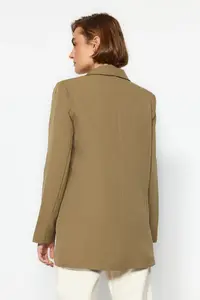 TRENDYOLMİLLA Light Khaki Oversized Lined buttoned Weaving Blazer Jacket - Image 6