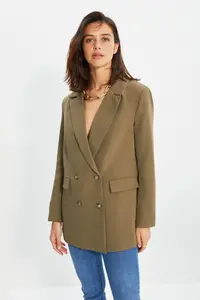 TRENDYOLMİLLA Light Khaki Oversized Lined buttoned Weaving Blazer Jacket - Image 7