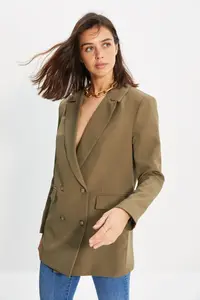 TRENDYOLMİLLA Light Khaki Oversized Lined buttoned Weaving Blazer Jacket - Image 8