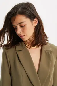 TRENDYOLMİLLA Light Khaki Oversized Lined buttoned Weaving Blazer Jacket - Image 9
