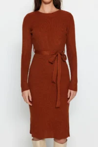 TRENDYOLMİLLA Brick Rejection Midi Knitwear Belt Detailed Dress - Image 3