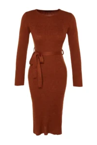 TRENDYOLMİLLA Brick Rejection Midi Knitwear Belt Detailed Dress - Image 6