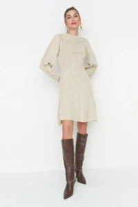 TRENDYOLMİLLA Beige Mini Knitwear Lace Dress - Image 2