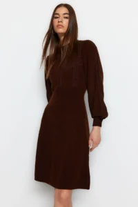 TRENDYOLMİLLA Brown Mini Knitwear Lace Dress