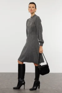 TRENDYOLMİLLA Gray Mini Knitwear Lace Dress